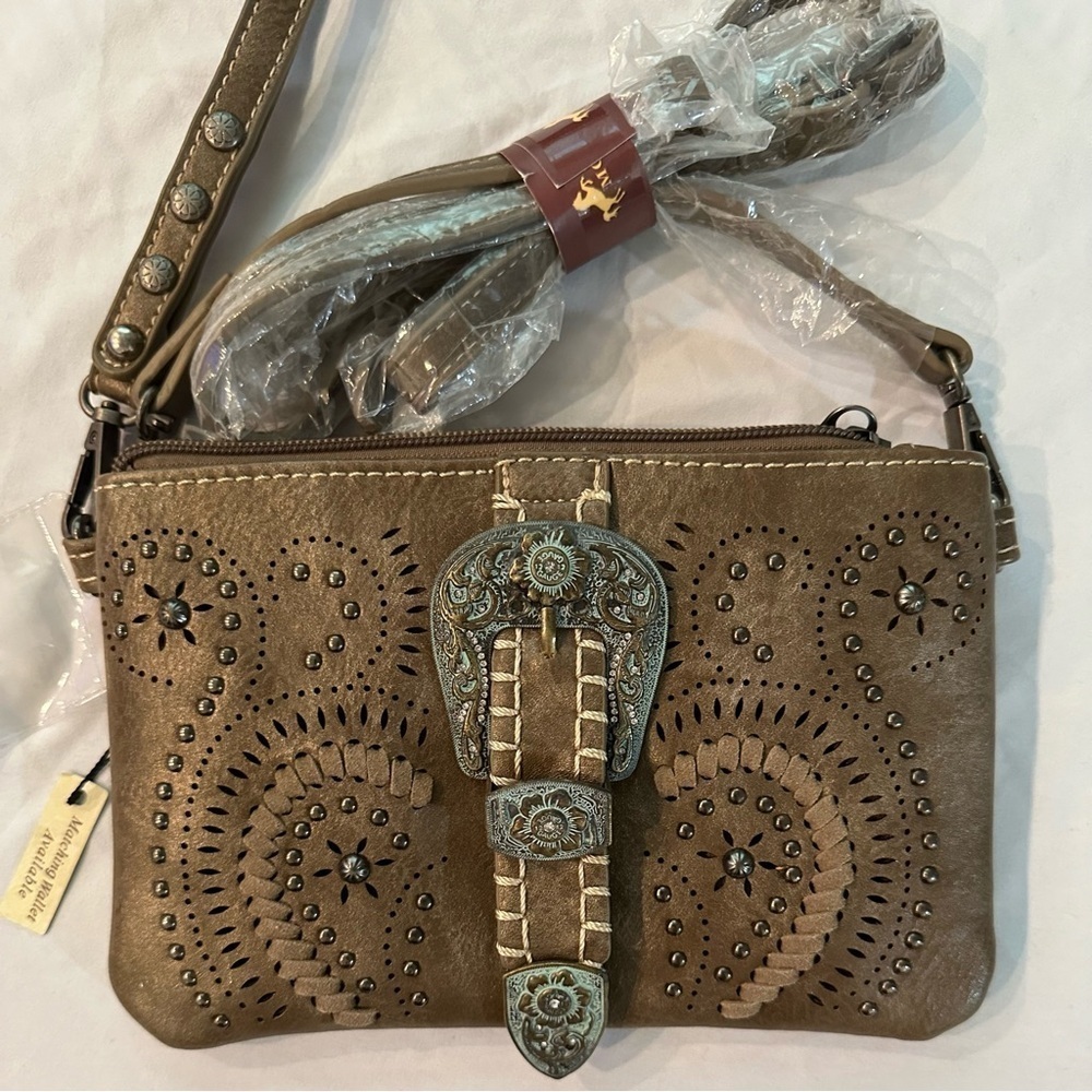 Montana West Tooled Studded Crossbody/Wristlet Bag buckle western boho cowboy